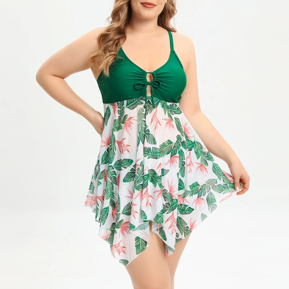 Hot Spring Beach Quick Drying Mesh Split Printing Splicing Large Size Flat Corner Swimming Pants Set Swimsuit with Chest Mat