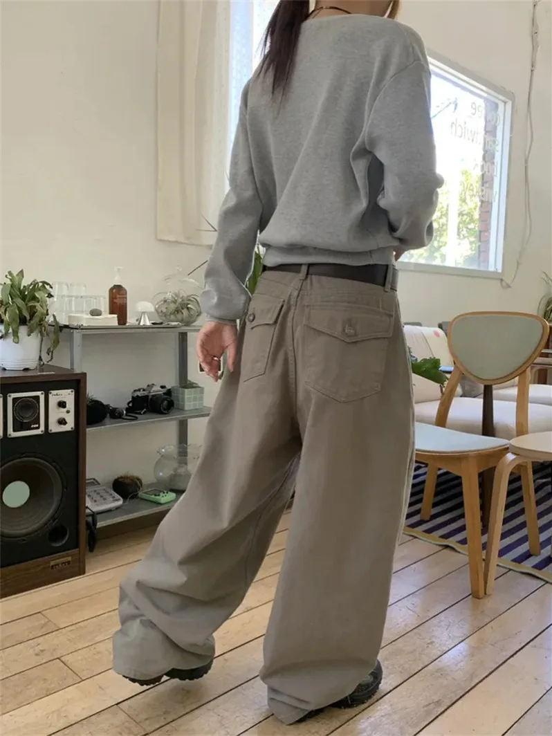 레트로 레이지 슬레 워크웨어 와이드 레그 캐주얼 팬츠 롱 트라우저 한국 스타일 봄 가을 겨울 여성 패션 스트리트웨어