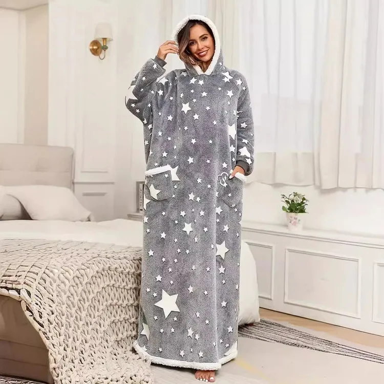Winter New Gray Star Lengthened Lazy Blanket Warm Padded Thickened Casual Home Hooded Pullover Loose Women Homewear Pajamas