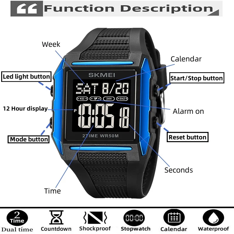 Skmei Mens Digital Sports Watches Fashion TPU Strap Waterproof LED Chronograph Alarm Clock Dual Time Zone Electronic Wristwatch