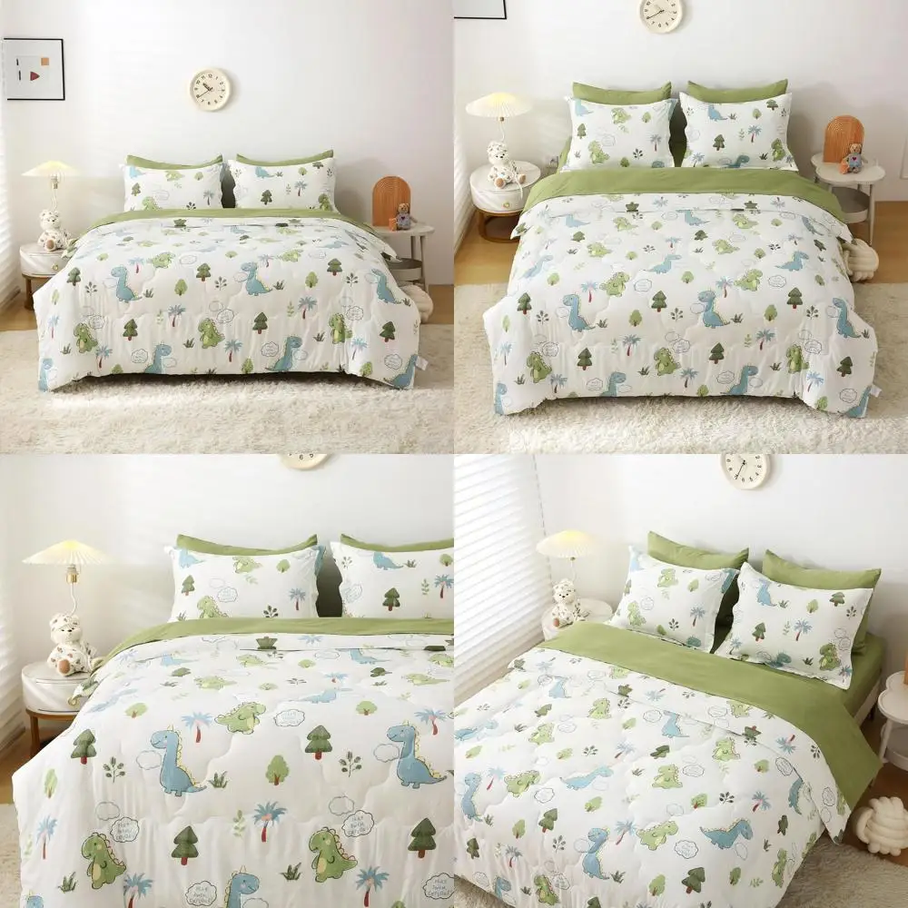

Twin Size 7-Piece Dino Jungle Comforter Set for Kids: Green with 1 Comforter, 1 Sheet, 1 Fitted Sheet, 2 Cases, 2 Shams
