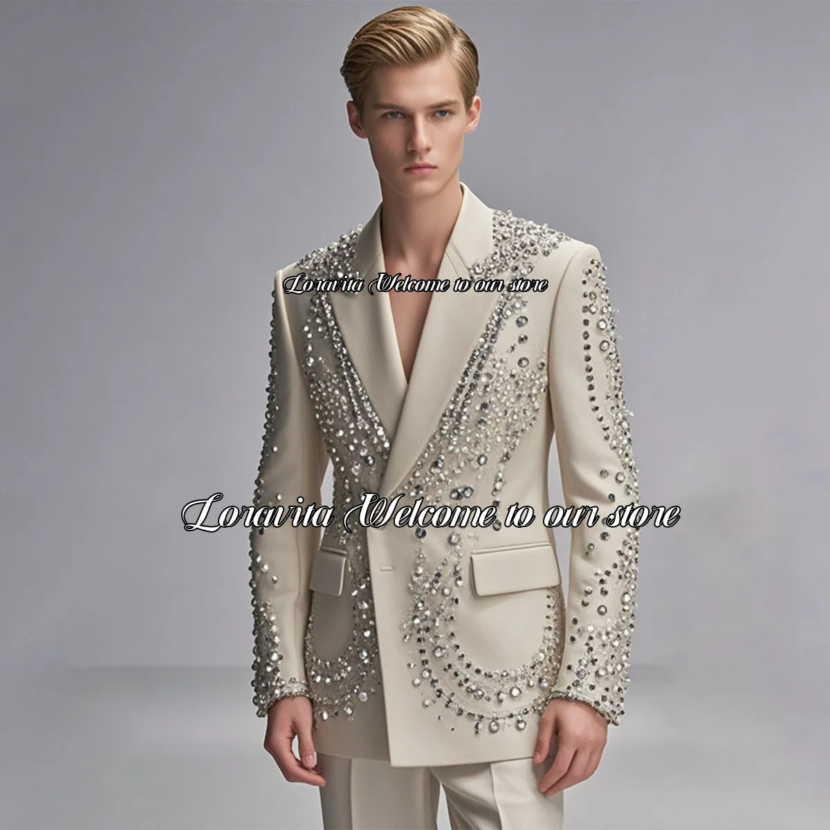 Luxury Sparkling Diamond Tuxedos Men Suit Double Breasted Wedding Groom Male Prom Blazers 2 Pieces Slim Terno Masculino Completo