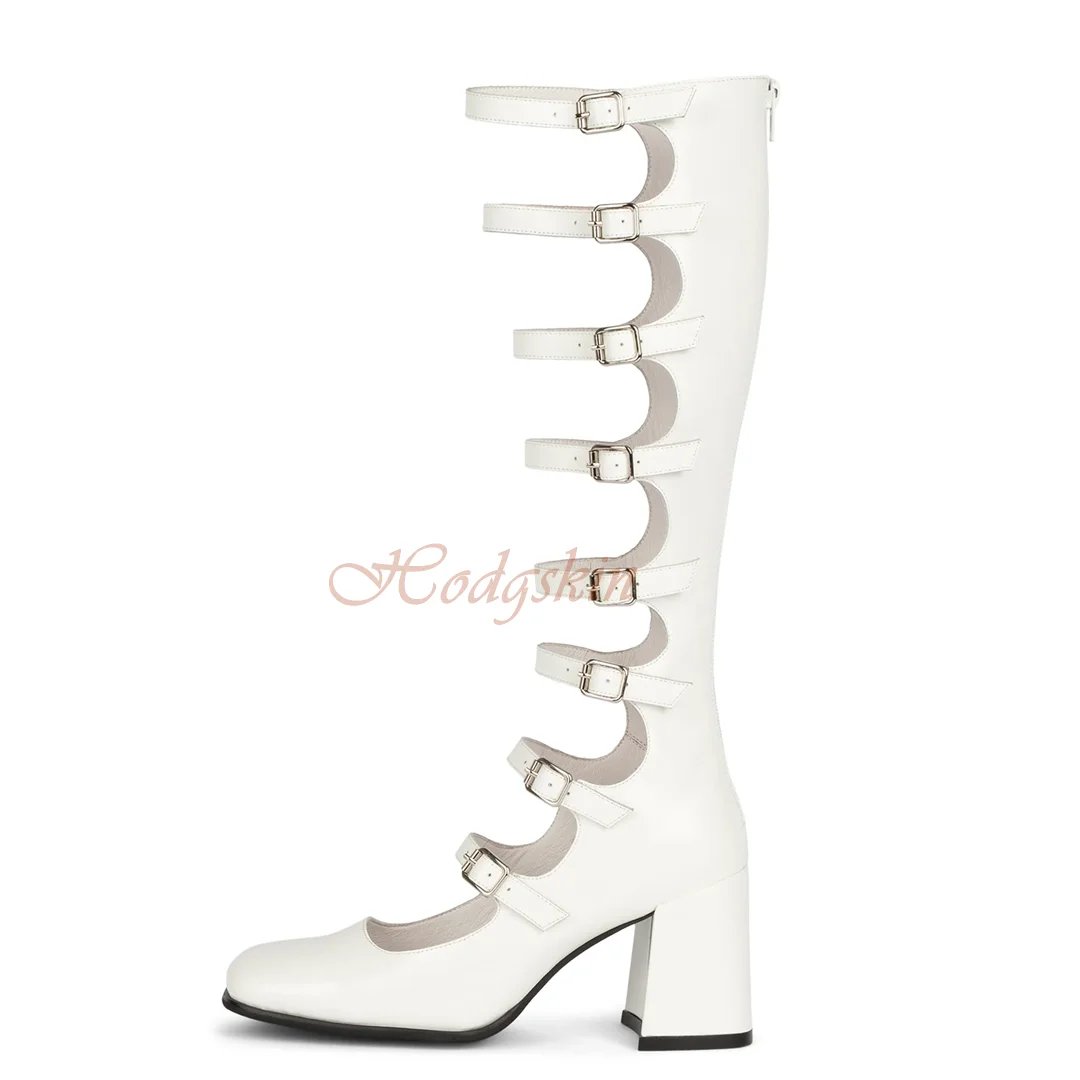 Sandali con fibbie in pelle verniciata punta quadrata tacchi alti grossi cinturini vuoti solidi sandali alti al ginocchio scarpe Sexy da donna