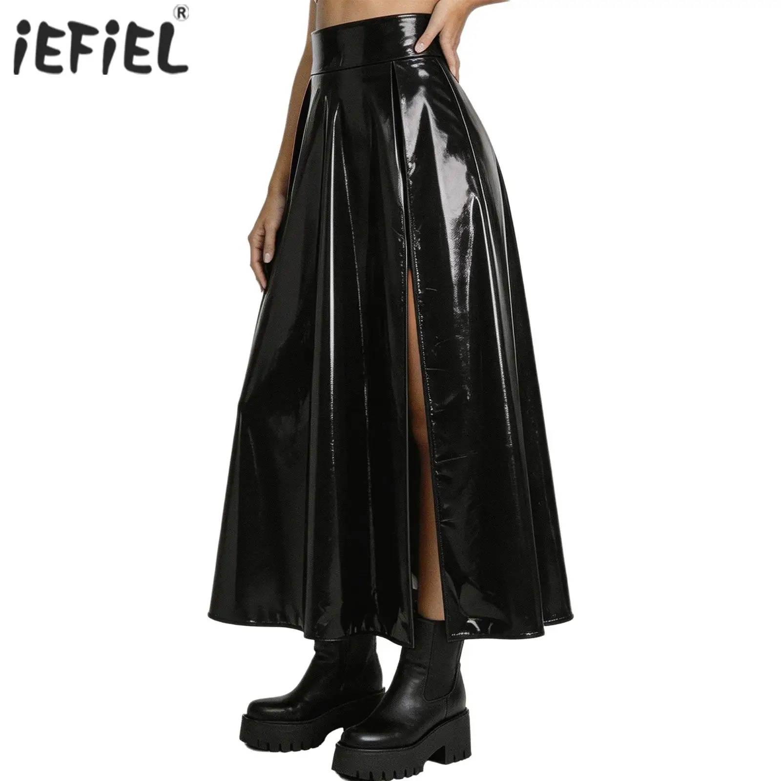 Women Glossy Patent Patent Leather Maxi Skirt High Waist Double Side Split Long Flared Skirt Clubwear Halloween Party Costume