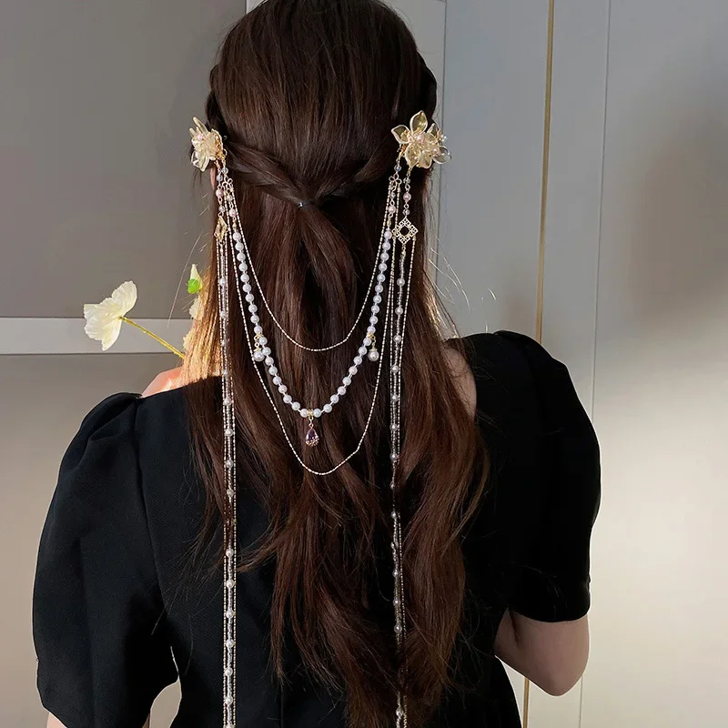 جديد النمط الصيني الراين زهرة مقاطع الشعر تقليد اللؤلؤ شرابة طويلة دبابيس الشعر الأصلي منقار البط كليب Hanfu اكسسوارات #2