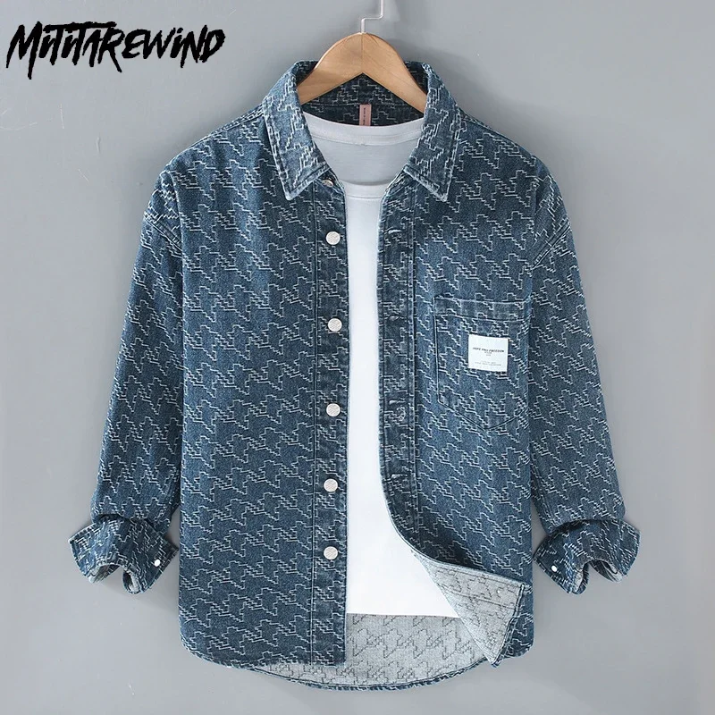 ربيع الخريف رجالي كم طويل قمصان جينز اليابانية الشارع الشهير الرجال جان القمم عادية النسيج قميص مطبوع الشباب فضفاض Overshirt