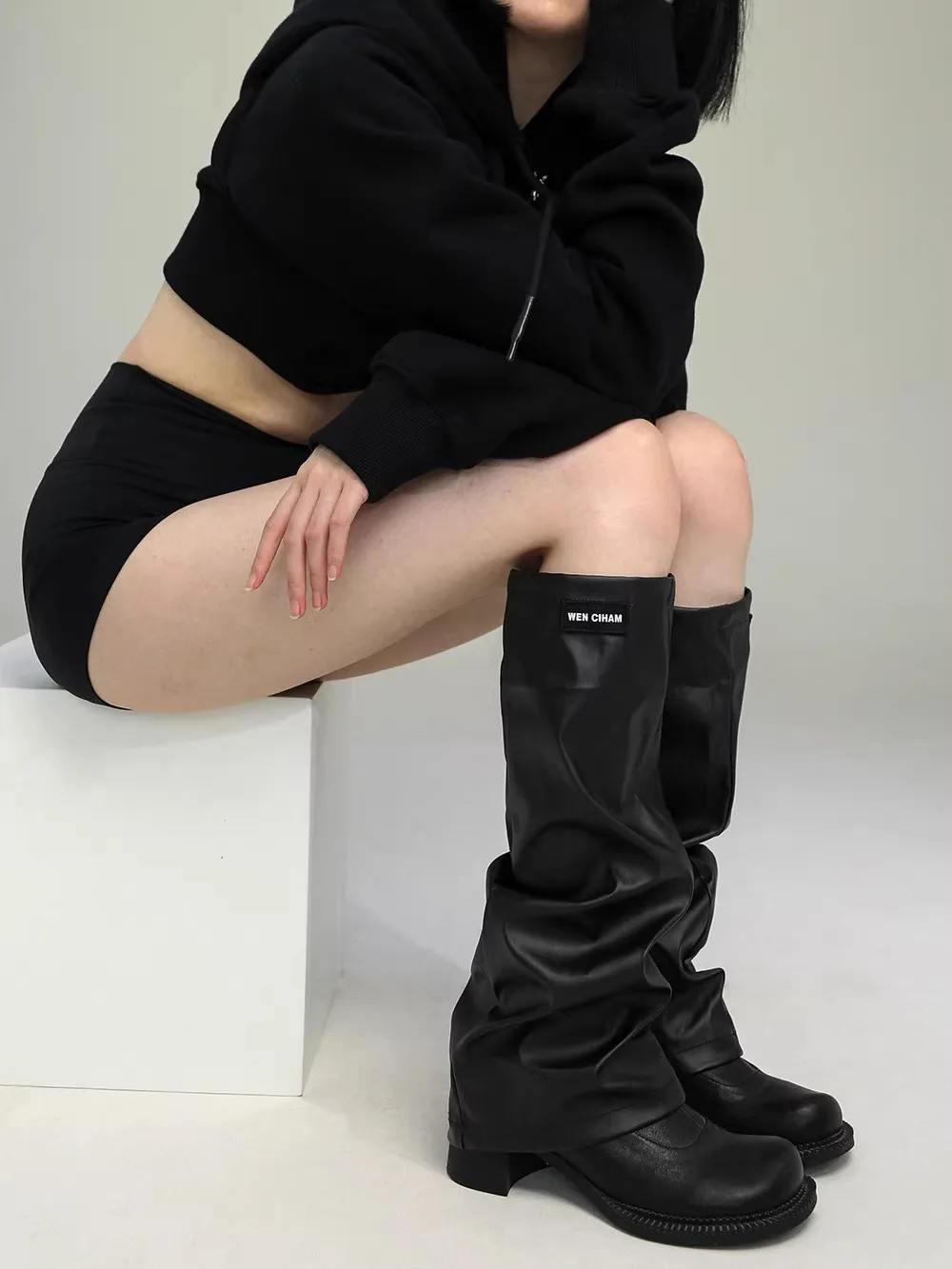 Women's PU Leather Leg Ankle Knee Sleeve Socks Contrast Color Over Knee Girls Fashion Dancing Punk Leggings Leg Warmer R2500