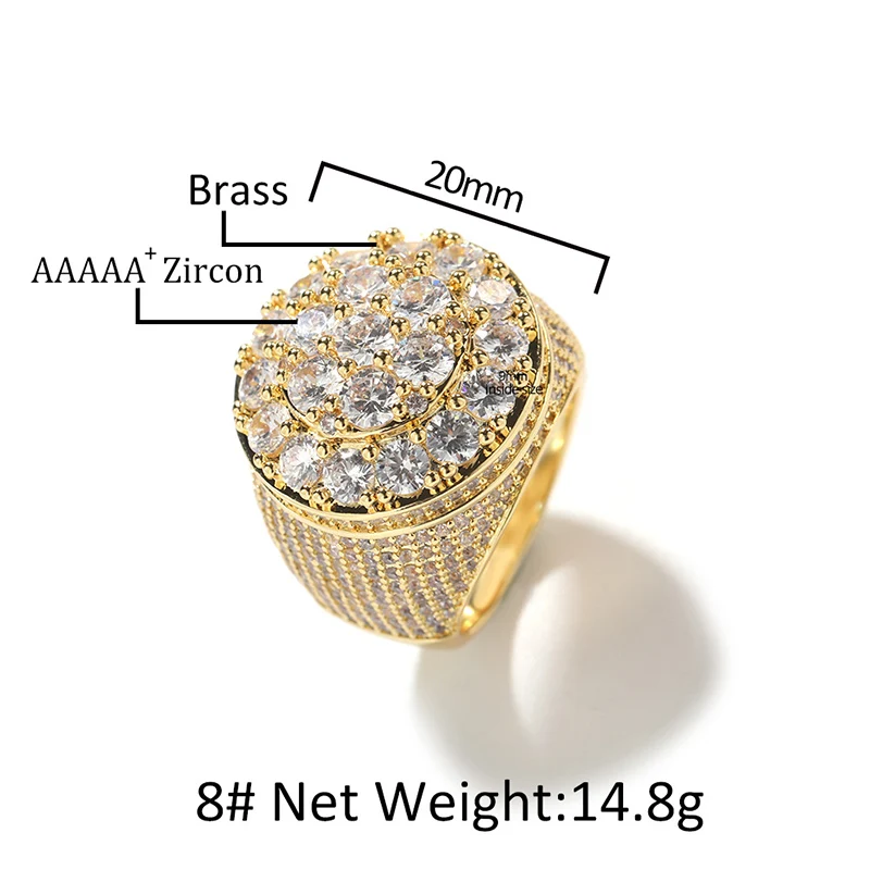 Hip Hop 5A+ CZ Stone Paved Bling Ice Out Big Round Finger Rings for Men Rapper Jewelry Gold Silver Color Drop Shipping