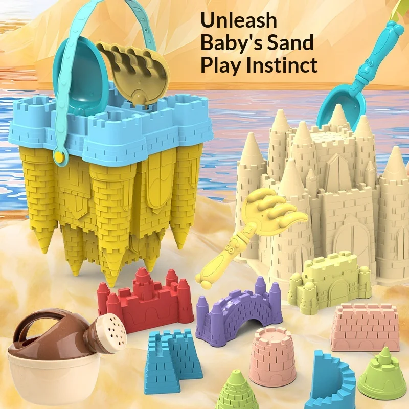 Beach Castle Sand Toy Set Complete Large Size Castle Molds Shovel Rake Watering Can For Outdoor Sandpit Water Sand Play