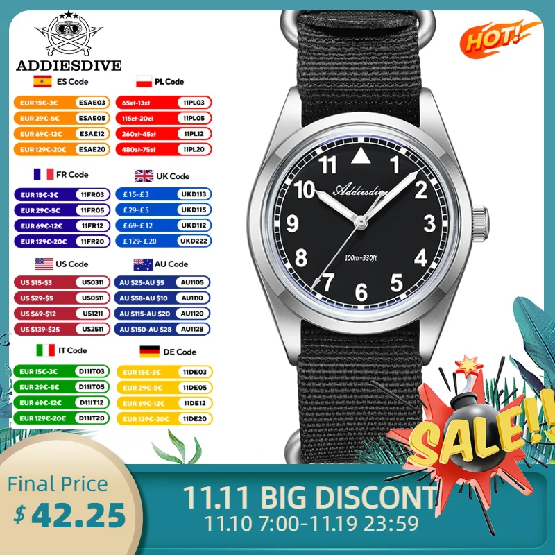 Addiesdive جديد الرجال الطيار ساعة 36 مللي متر فقاعة مرآة الزجاج VH31 كوارتز ساعة اليد 100 متر مقاوم للماء مضيئة ساعات رجالية AD2079