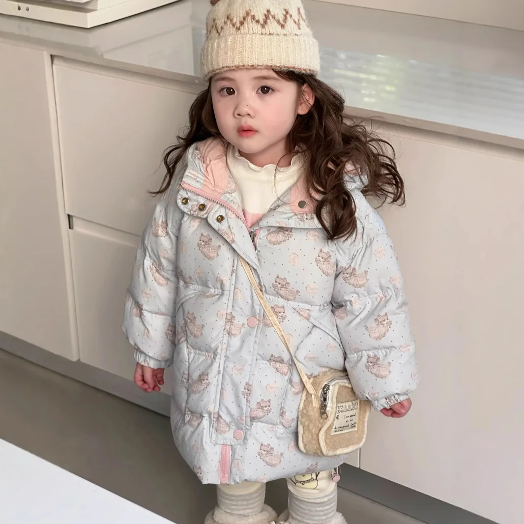 

Children's Down Jacket Korean Version Winter Cartoon Hooded Mid Long Jacket Girls' White Duck Downs