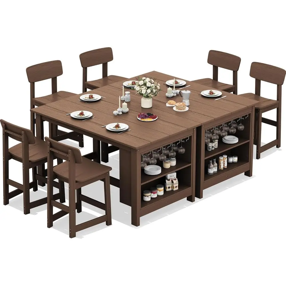 

8-Piece Counter Height Dining Set with Storage & Wine Rack, 2 Bar Tables with Stools, Suitable for Garden, Backyard, Kitchen, Br