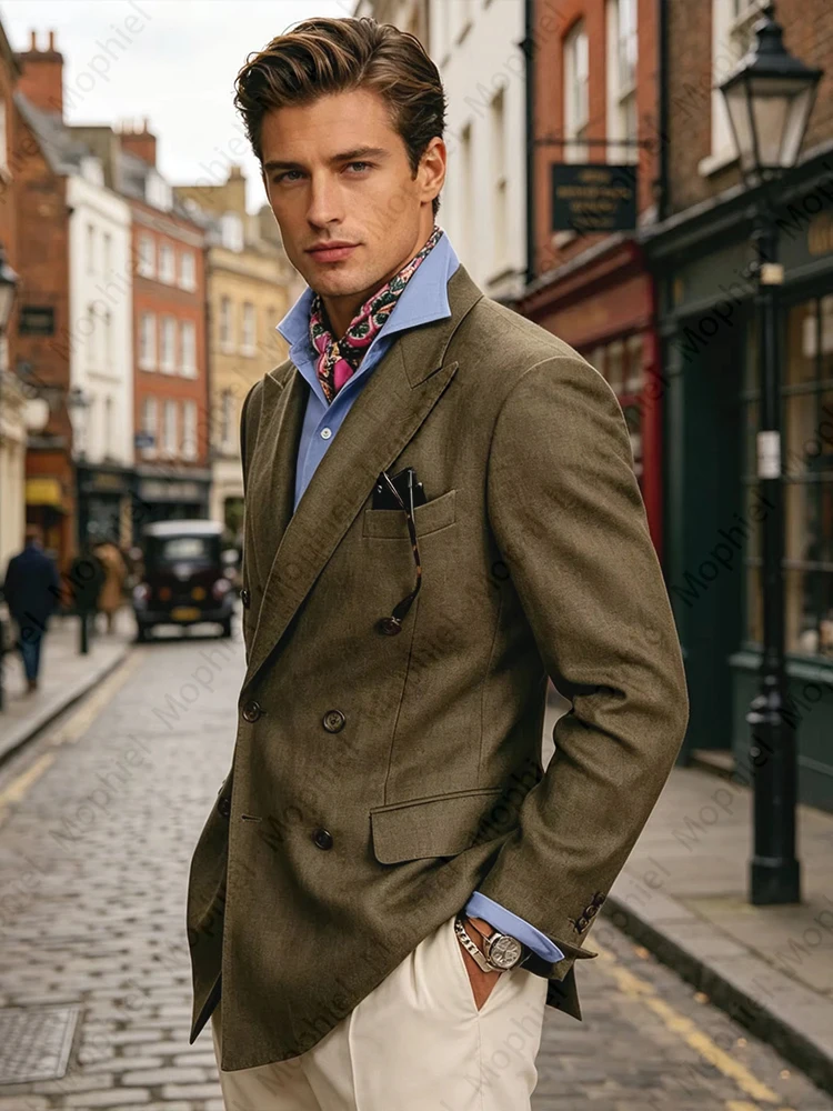 Men's Suit Linen Blazer Vintage Double Breasted Slim Fit Peak Lapel Breathable Lightweight Summer Formal Jacket Business Casual