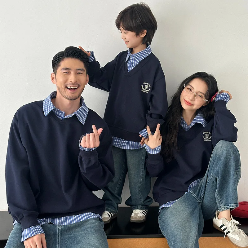 2025 Autumn Fake Two-piece Family Hoodie Shirt Collar Matching Set for Parents & Kids School Trend Long Sleeve Top Casual Outfit