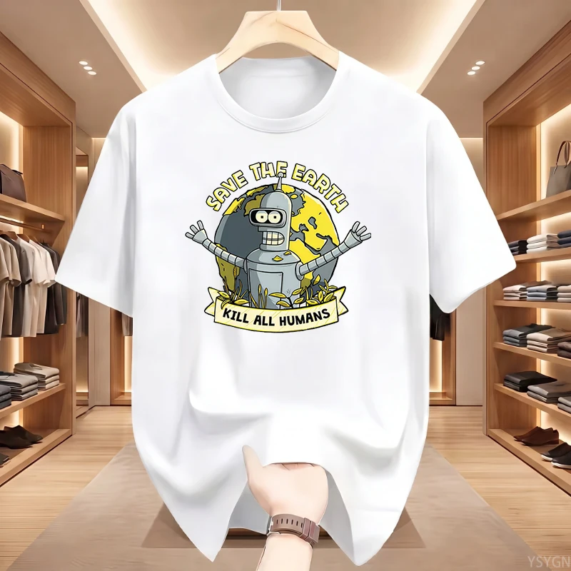 Funny Tees Save The Planet Kill All Humans Robot Graphic Print T Shirt Men Women Short Sleeve T-shirt Oversized Cotton Tops