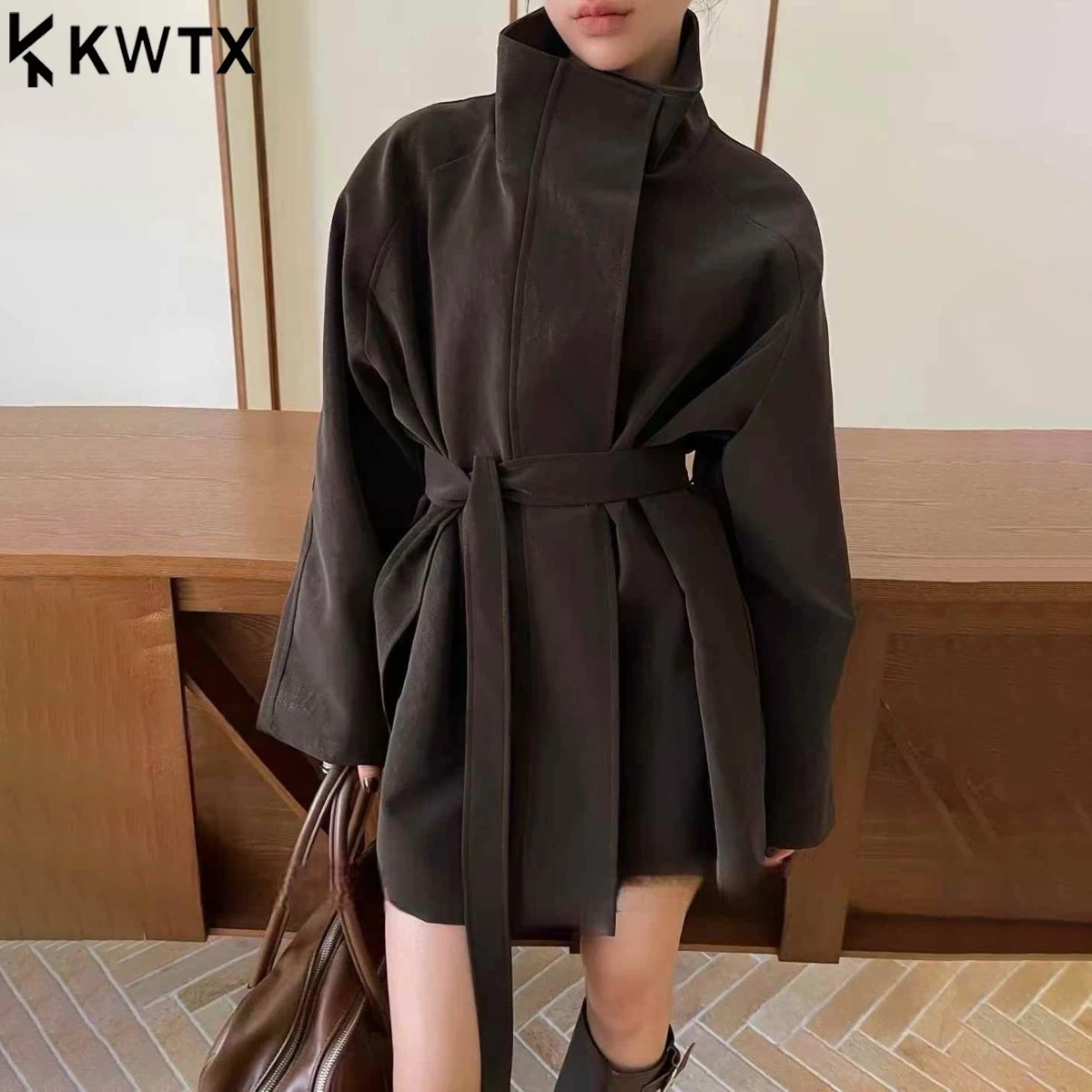 

KWTX 2025 Autumn Winter Solid Color Tailored Jacket Coat Women’s Stand Collar Belted Pockets Retro Chic Elegant High Quality