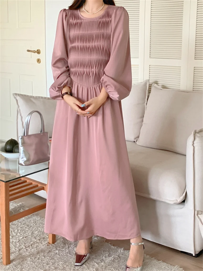 

Alien Kitty Pink Long Dress Women Chic Loose Autumn 2023 Daily Office Lady Casual Sweet OL Gentle Full Sleeve Slim Princess