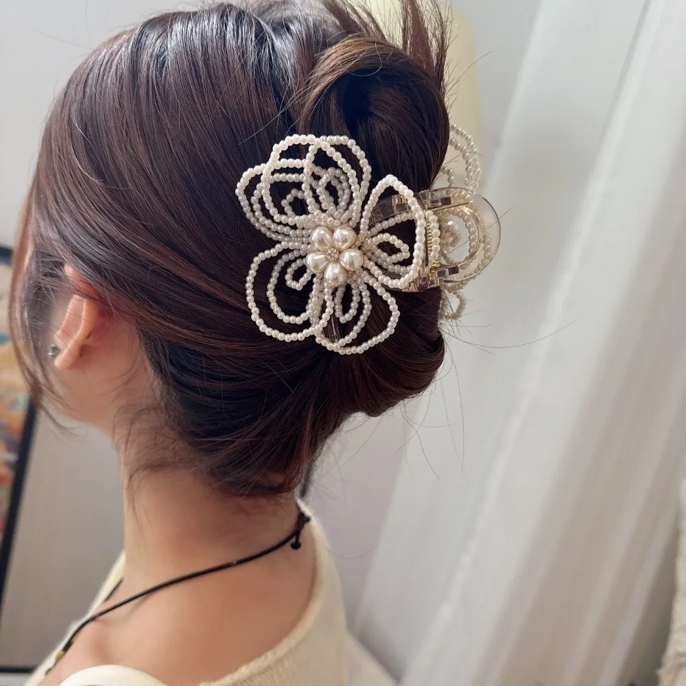 

Waterproof Pearls Flower Shark Clip Sweet White Grain-like Beads Hair Claw Elegant Korean Style Handmade Beads Hairgrips Daily