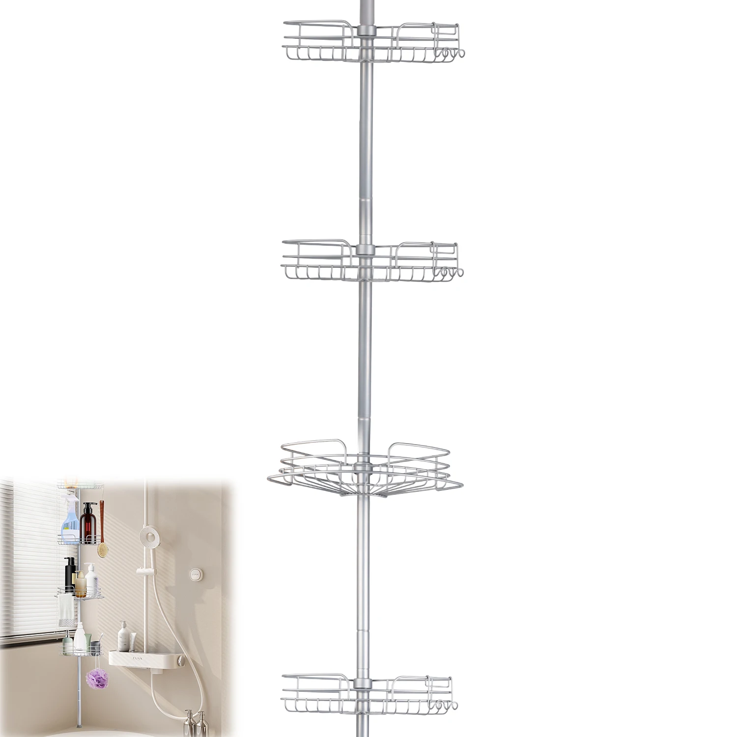 Organisateur de douche d'angle à 4 paniers, sans perçage, avec barre de tension métallique réglable, étagère de rangement, accessoires de salle de bain