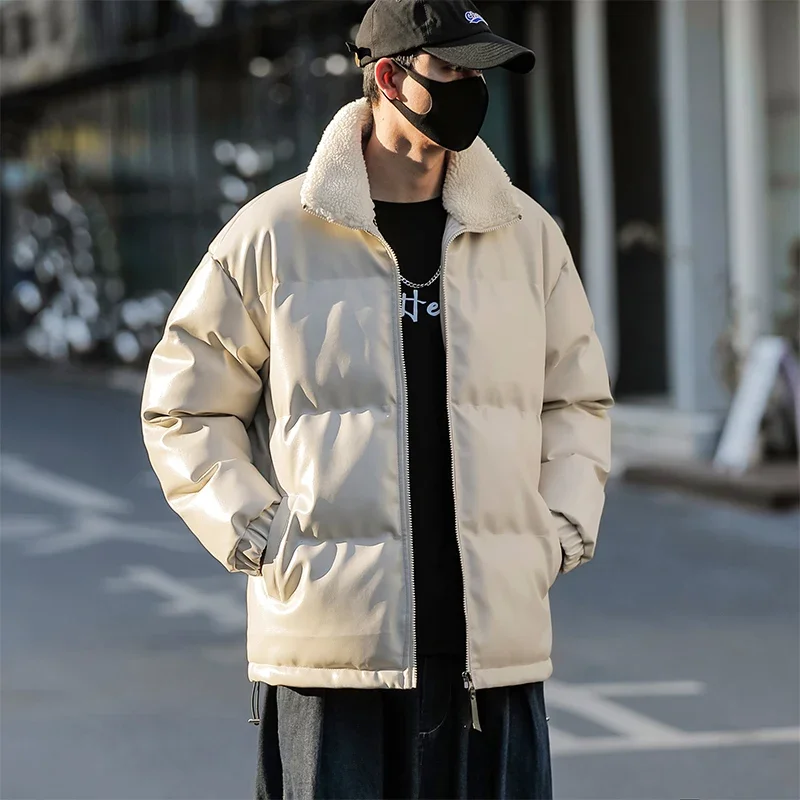 

Winter Fashion Pu Leather Jacket for Men Outdoor Casual Youthful Male Flip Collar Streetwear Thickened Warm Men Parkas Windproof