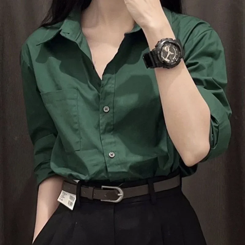 Spring Light Luxury Advanced Sense Blackish Green Women Pure Cotton Tops French Unique Pocket Lapel Collar Long Sleeved Shirt