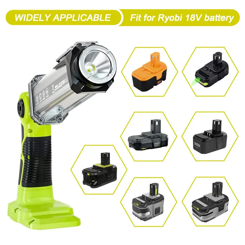 Cordless 2000LM LED Work Light for Ryobi 18V Li-ion NiCd NiMh Battery Portable Handheld Flashlight Floodlights Camping Lamp