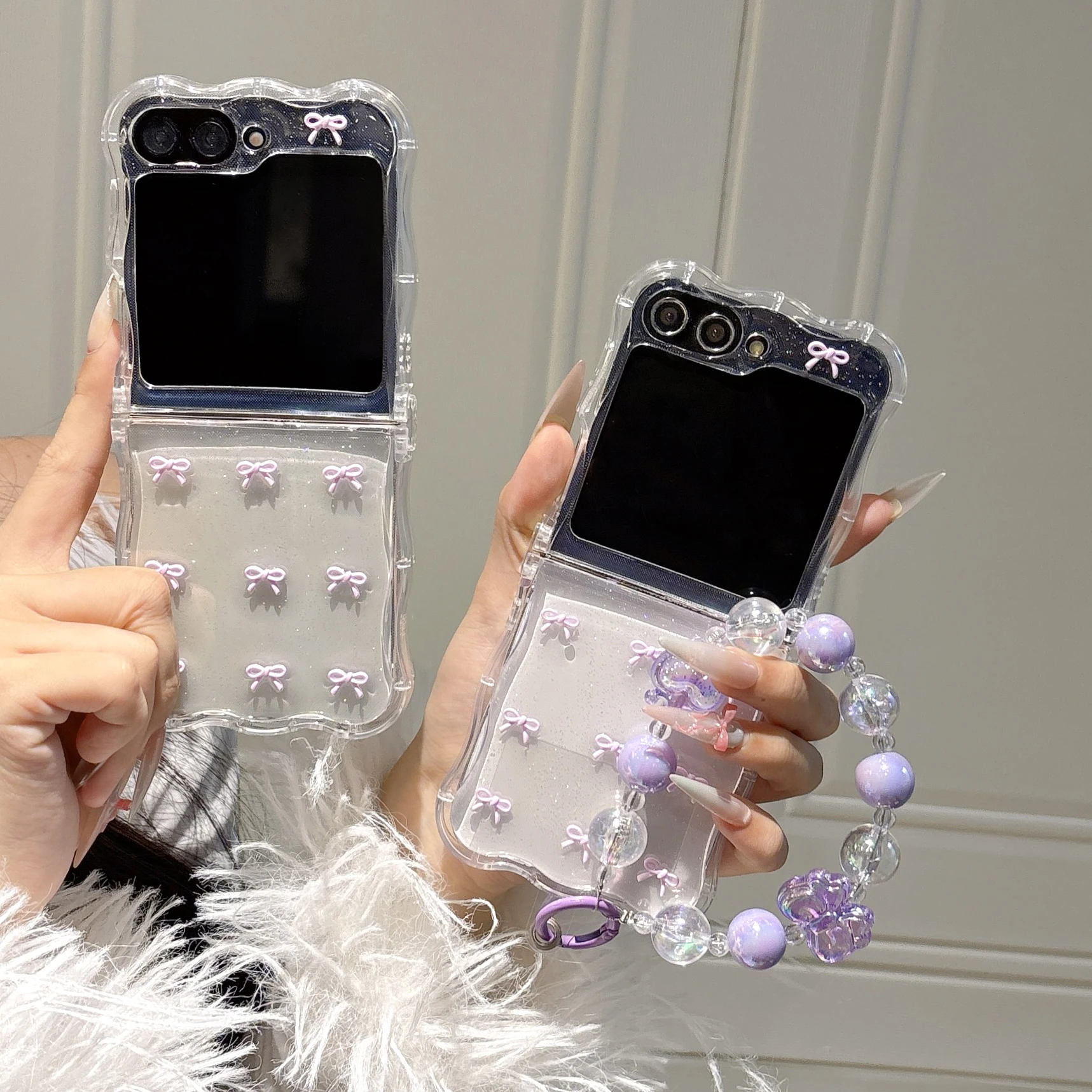 

Purple Bow Cherry 3D Phone Case Purple Bead Bracelet for Samsung Galaxy Z Flip 3 4 5 6 Special Anti Drop Wave Side Phone Case