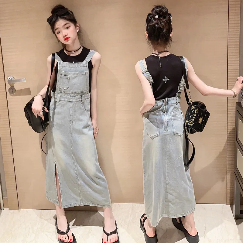 2024 Korean Spring Autumn Children Girl 2PCS Clothes Set Elementary Girl Vest+Denim Retro Slit Long Skirt Set For Girls 4-12Yrs