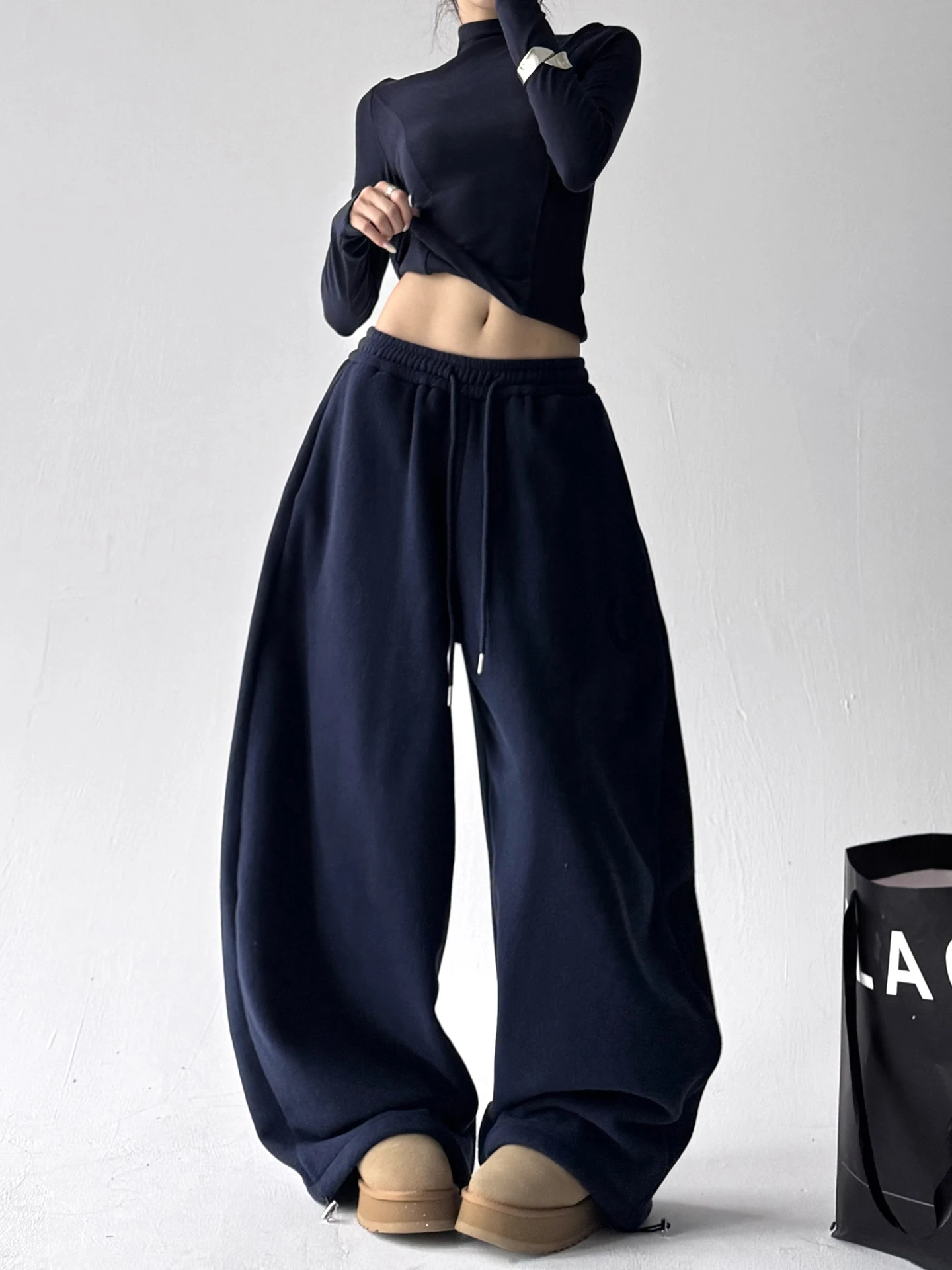 Lose Fce Gefüttert Breite Bein Jogginghose frauen Spor Casual Hosen Hohe Taille Polyester Faser Retro Sle Herbst Winter Neue