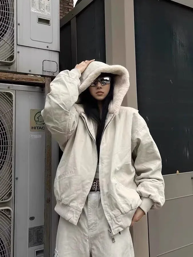 

American Sle Loose Fit Rabbit Fur Jaet for Men Winter Cotton Workwear Coat Youth ular Casual Warm Thiened Zipper Clo...