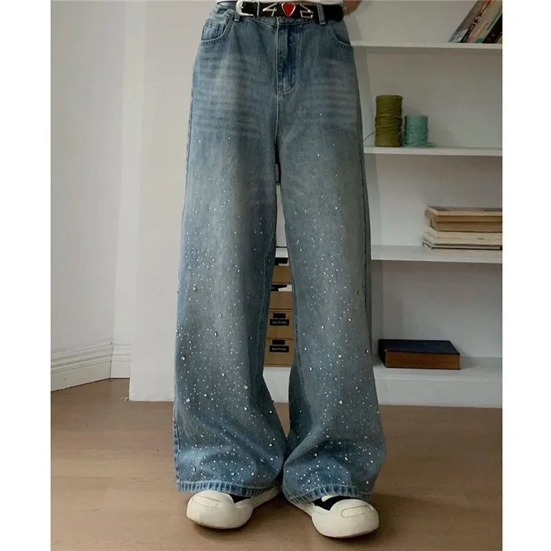 

2025 New Ins Versatile Starry Rhinestone Waed out Skinny Wide Leg Lazy Dragging Jeans Blue High Waist Long Zipper Sport