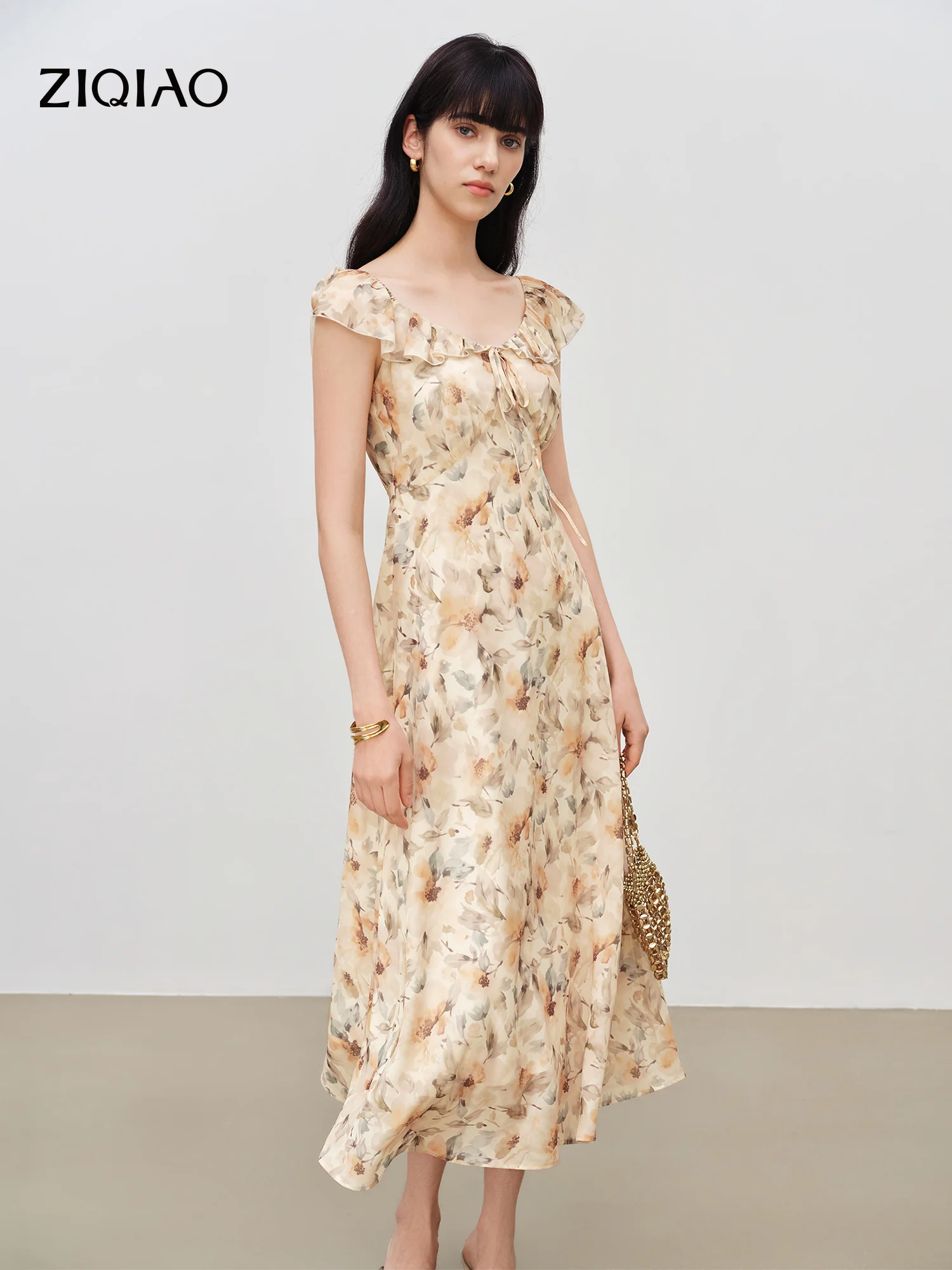 

ZIQIAO 2026 Summer Women‘s Floral Lace Peter Pan Collar A-Line Midi Dress Tie-Waist Ruffled Hem Swing Dress Coquette Cottagecore