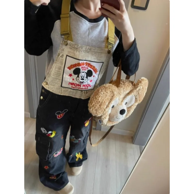

Mickey Embroidered Washed Denim Overalls, Soft Breathable Fabric, Loose Comfort Fit, Spring Summer Casual Daily Streetwear