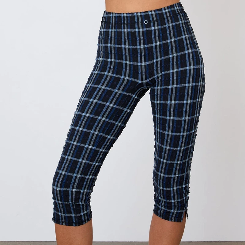 90 年代ヴィンテージぴったりフィットカットパンツファッションレディチェック柄カプリパンツ女性カジュアルハイウエスト伸縮性のある生地レギンスパンツストリートウェア