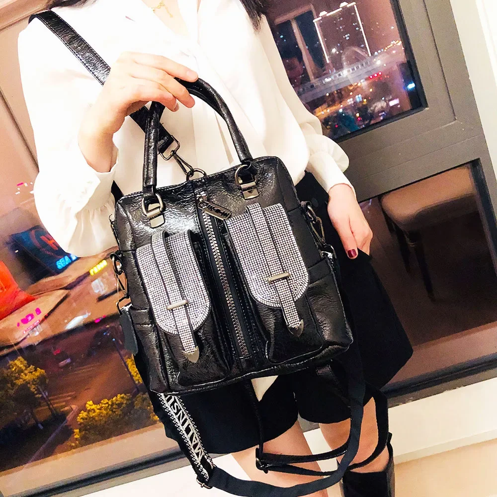 Women Rhinestone PU Vegan Leather Convertible Everyday Silver Handbag Backpack Shiny Patent Leather College School Book Knapsack