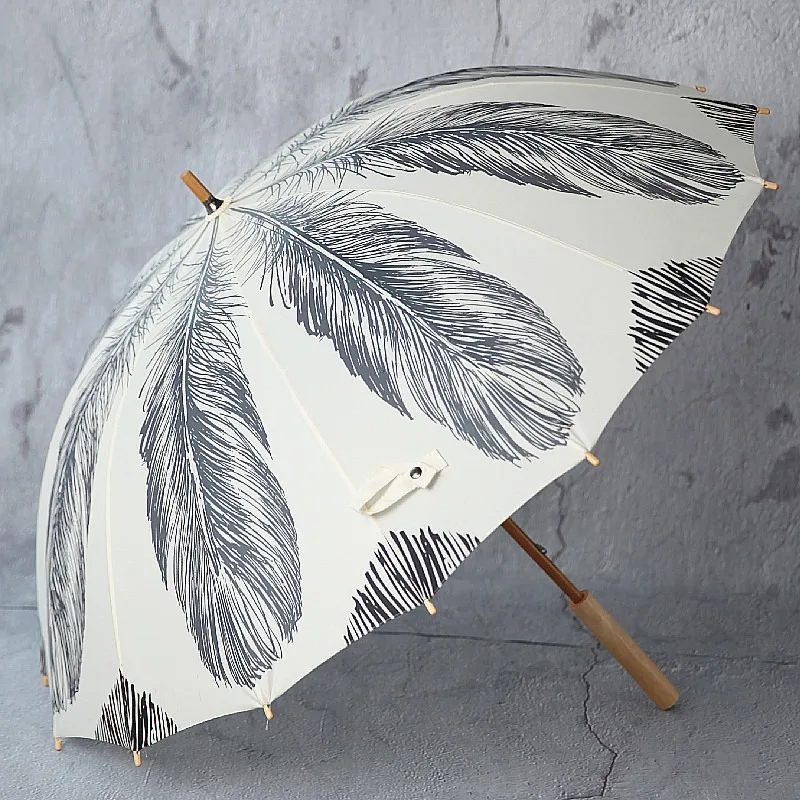 Bamboo Vintage Long-handle Umbrellas White Feather Arch Manual Umbrellas Wooden Handle Nordic Simple Artistic Home Merchandises