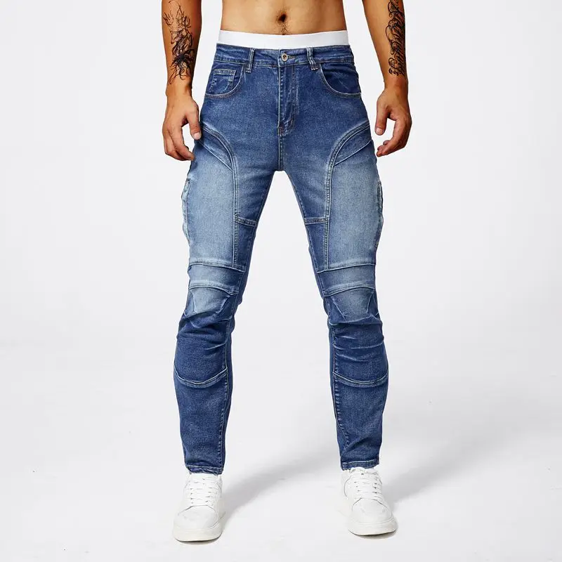 

New style jeans for men fashion versatile washed straight fitting patchwork with elastic casual minimalist biker denim pants