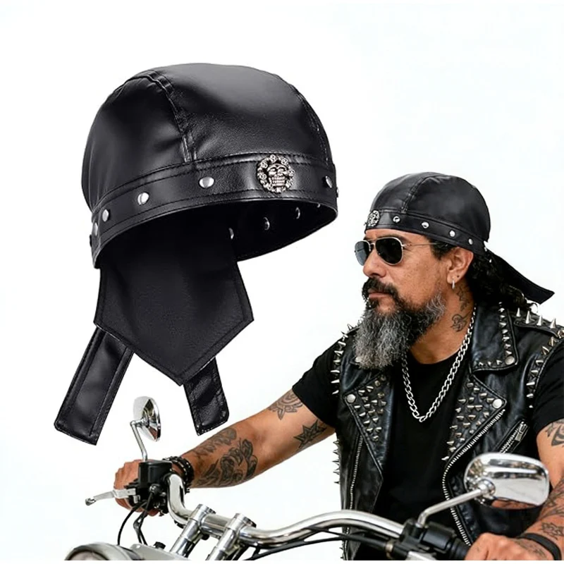 PU Leather Black Headscarf Punk Pirate Brimless Dance Party Bar Music Festival Motorcycle Cowl Head Covering Riding Docker Cap