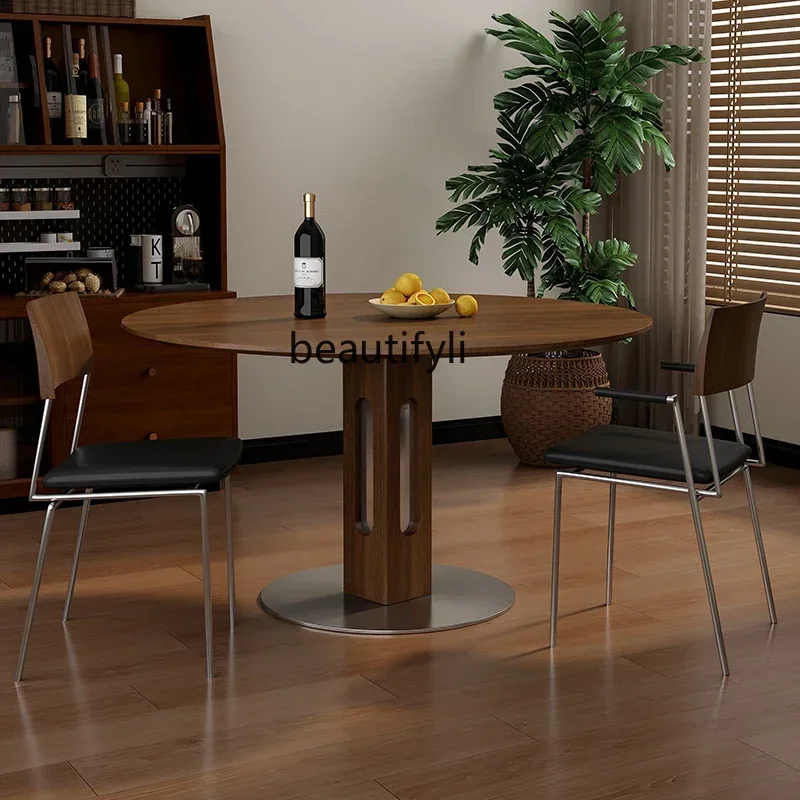 

yj57 North American black walnut travertine rock slab solid wood dining table small apartment negotiation dinner round table B3