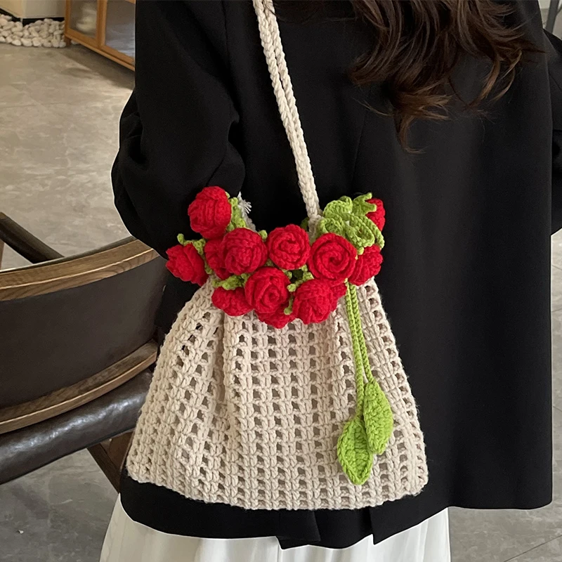 

Beach Travel Shoulder Bag Hit Color Flower Bolsos De Mujer Large Capacity Knit Sac Femme 2025 New Bags for Woman Bolso