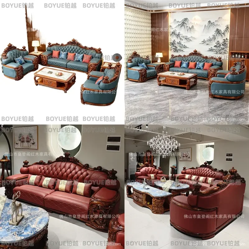 Luxury New Chinese Style Elephant Ebony Leather Sofa Thickened First Layer Cowhide Living Room Furniture Villa Apartment