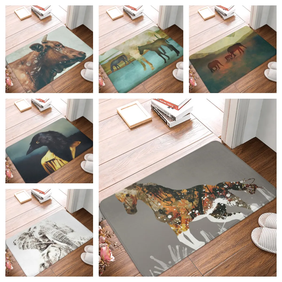 Oil painting Horse House Doormat Bedroom Decor 3D Print Animal Floor Door Mat Non-Slip Soft Flannel Carpet Outdoor Mat