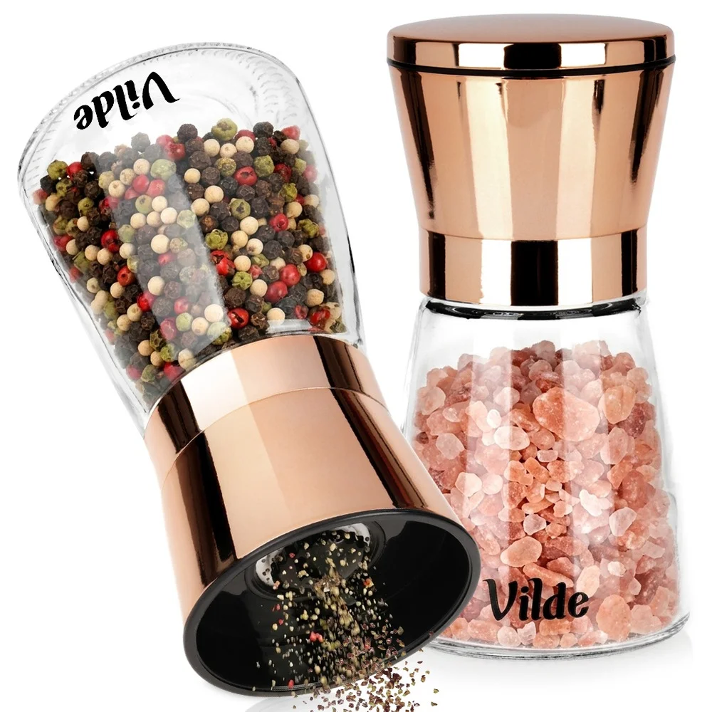 Glazen peper- en zoutmolen, 13,5 cm, 2 stuks. Kruiden- en zoutmolen, kruidenmolen set, handmatige kruidenmolen, kruidenmolen, glazen containers, dispensers, elegante keukenaccessoires.
