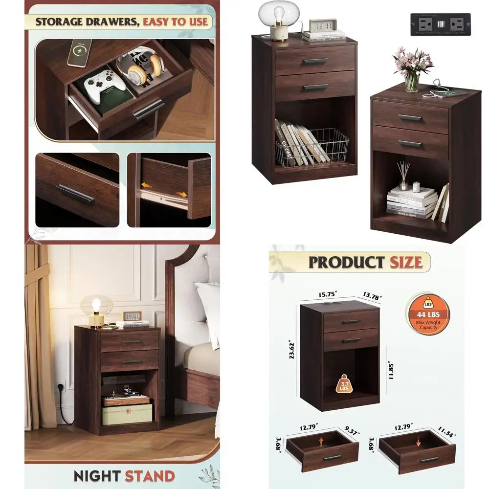 

Прикроватная тумбочка из дерева эспрессо Duo с зарядной станцией, 2 ящиками и открытой полкой для спальни и гостиной