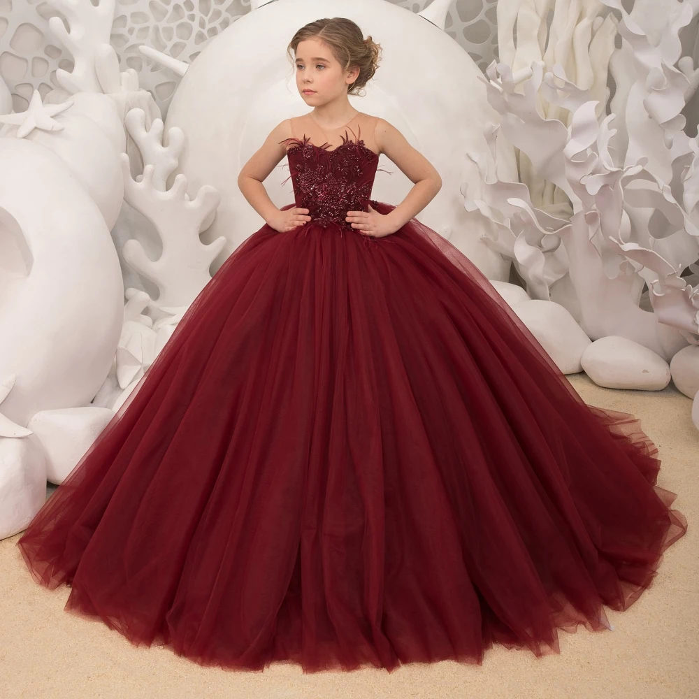 

Customized Burgundy Flower Girl Dress For Wedding Tulle Fluffy Applique Crystal Princess Birthday First Communion Gown YFD019