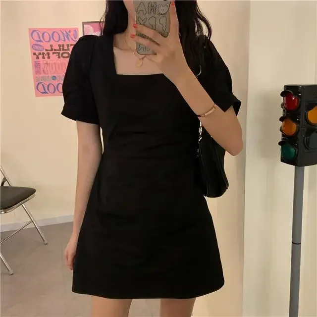 

Women Dresses Square Collar Dress Puff Sleeve Black Skirt Women's Summer Dress Vestido De Mujer Femme Robe