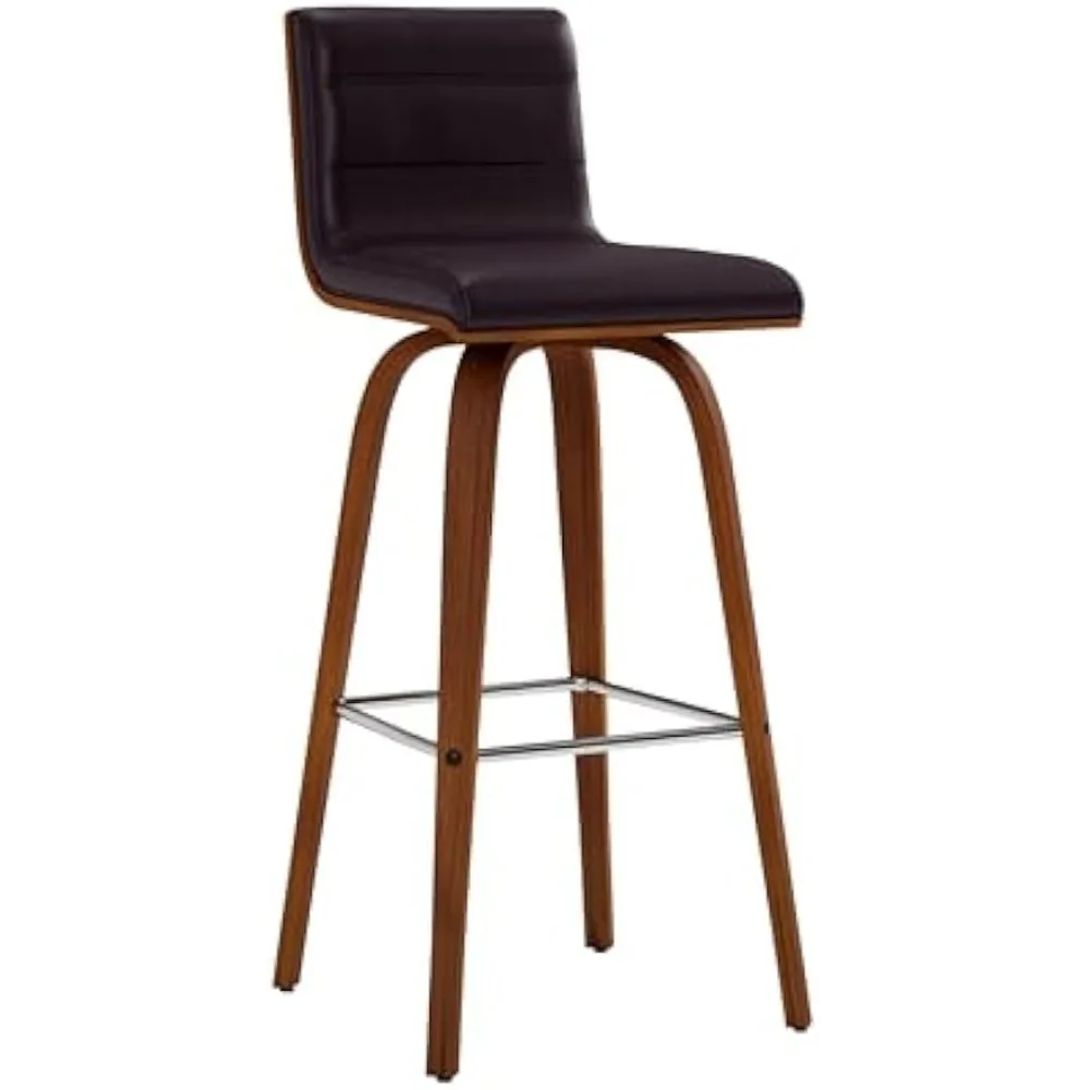 

30" Bar Height Swivel Brown Faux Leather and Walnut Wood Bar Stool, High Bar Stool with Metal Footrest and Leather Finish