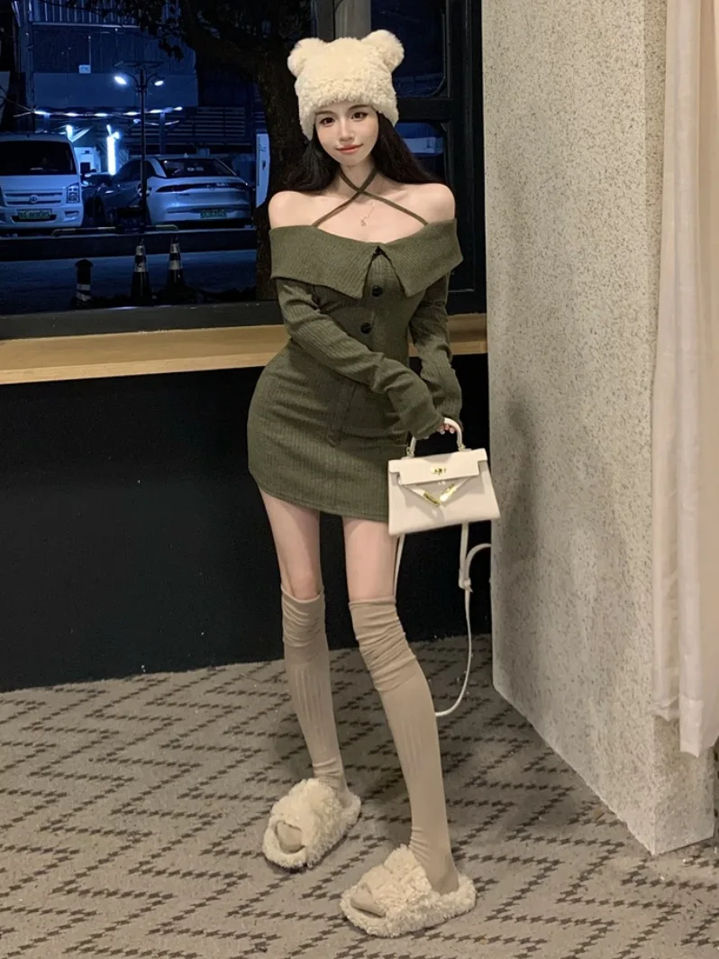 

Sexy Pure Desire Hanging Ne oulder Long Sve Dr Autumn Winter Slimming ort Skirt Women High Waist Bodycon Dr