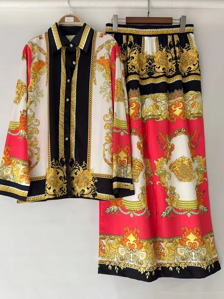 レトロ幾何学模様プリントストレートレッグ長袖シャツとルーズワイドレッグパンツのツーピースセット、秋のレディースファッション