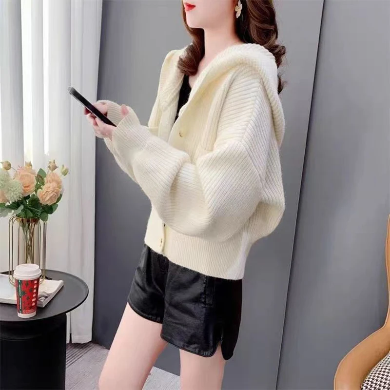 Sweet Hooded Button Pockets Solid Color Cardigan Sweaters Female Clothing 2024 Autumn Winter New Loose Knitted Casual Tops